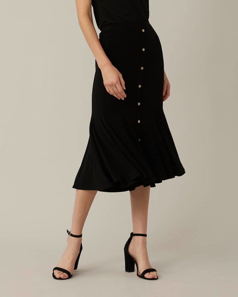 Front of a model wearing a size 12 Trumpet Hem Skirt In Black in Black by Joseph Ribkoff. | dia_product_style_image_id:356844